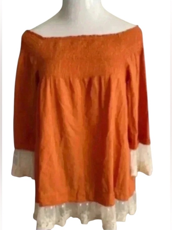Free People Tops - 🆕Free People Tea Combo Rust Long Sleeve Smocked Off Shoulder Tunic Lace Edge M🆕